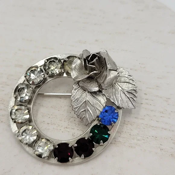 Sterling Silver Multi Color Rhinestone Wreath Brooch Pin Set Mother's Day Gift - Picture 2 of 12